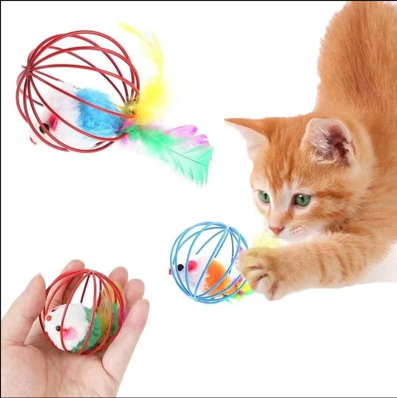 Caged Mouse Cat Toy with Feather Tail