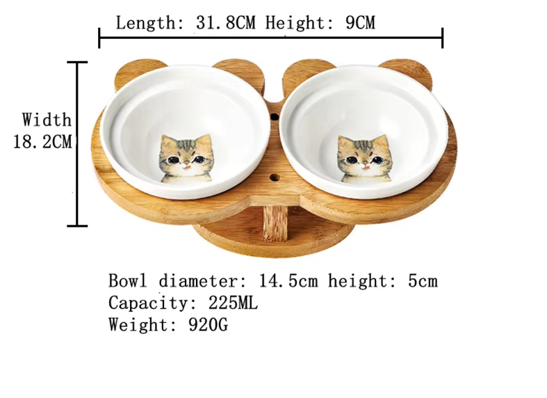 Elevated Cat Bowl - Double Ceramic Bowl with Bamboo Stand