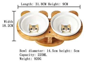 Elevated Cat Bowl - Double Ceramic Bowl with Bamboo Stand