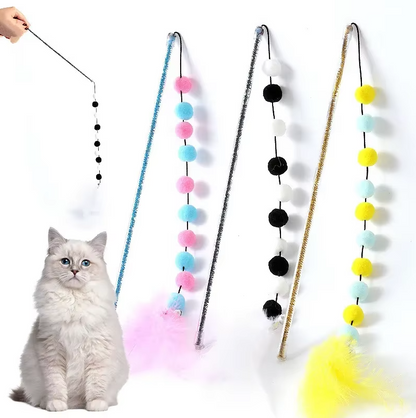 Interactive Cat Fishing Wand with Pom-Pom Feathers – A Fun Game for Curious Cats