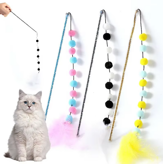 Interactive Cat Fishing Wand with Pom-Pom Feathers – A Fun Game for Curious Cats