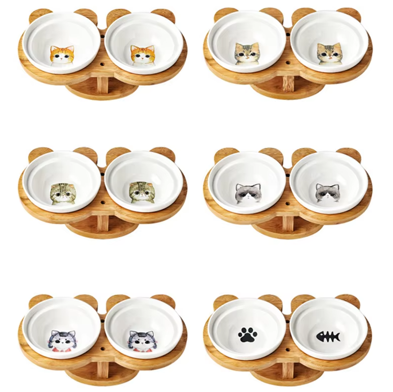 Elevated Cat Bowl - Double Ceramic Bowl with Bamboo Stand
