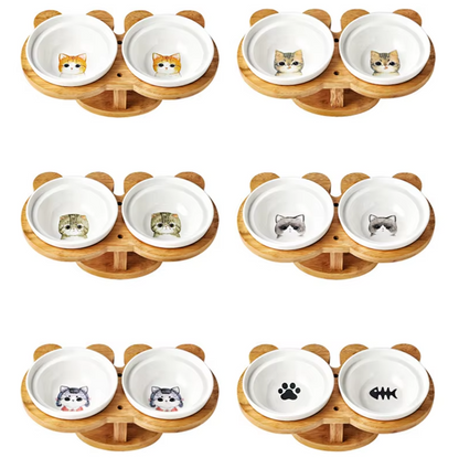 Elevated Cat Bowl - Double Ceramic Bowl with Bamboo Stand