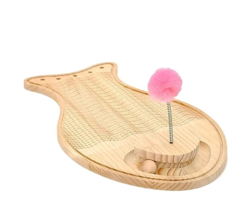 Wooden Cat Toy Scratching Post - Interactive Play Mat with Feather and Ball