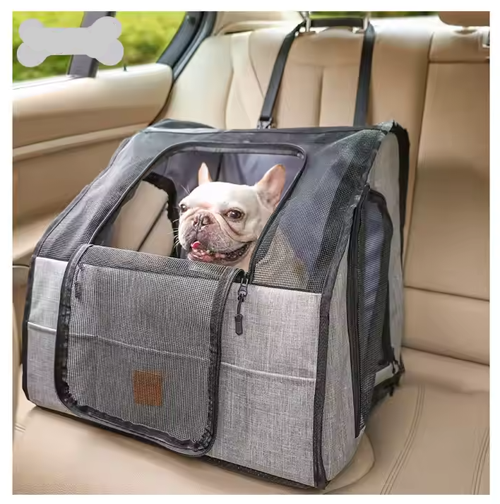 Safe Car Dog Seat – Foldable Pet Carrier with Mesh Windows and Harness System