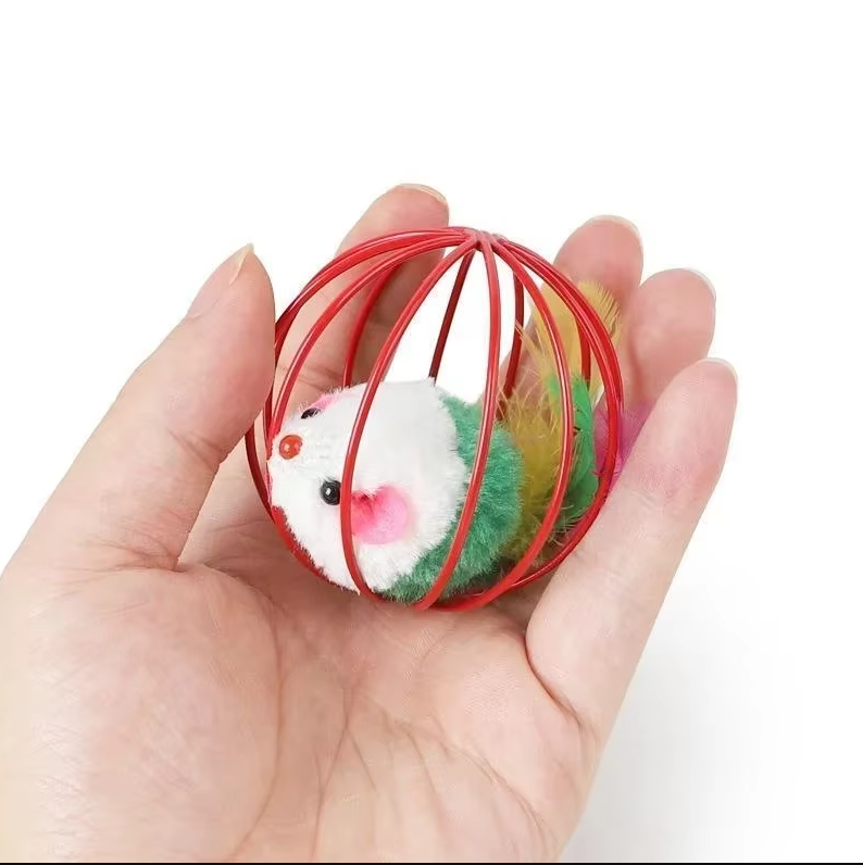 Caged Mouse Cat Toy with Feather Tail