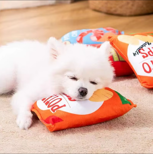 Dog Toy Chip Bag – Soft Plush with Squeaker & Crinkle Effect