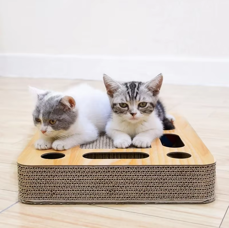 Cat Scratching Board with Toys – Corrugated Cardboard Scratching Mat with Wooden Frame