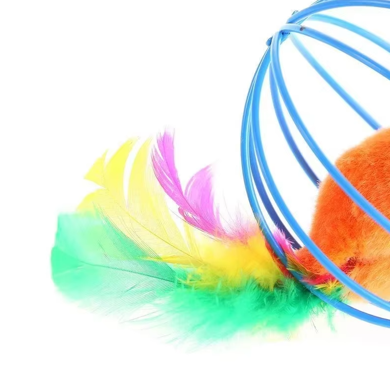 Caged Mouse Cat Toy with Feather Tail