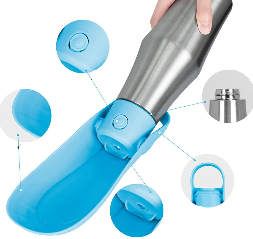 Stainless Steel Dog Water Bottle - Portable Water Dispenser with Collapsible Bowl