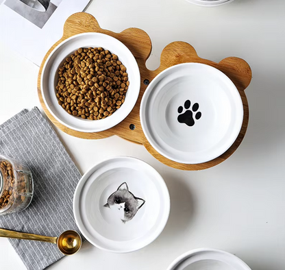Elevated Cat Bowl - Double Ceramic Bowl with Bamboo Stand