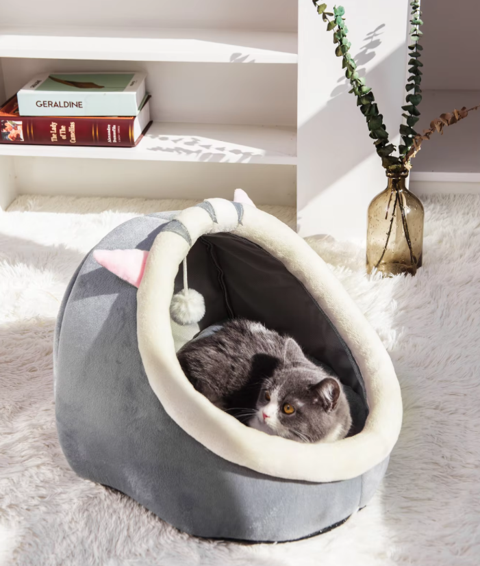 Cozy Cat Bed - Plush Igloo with Play Ball for Ears