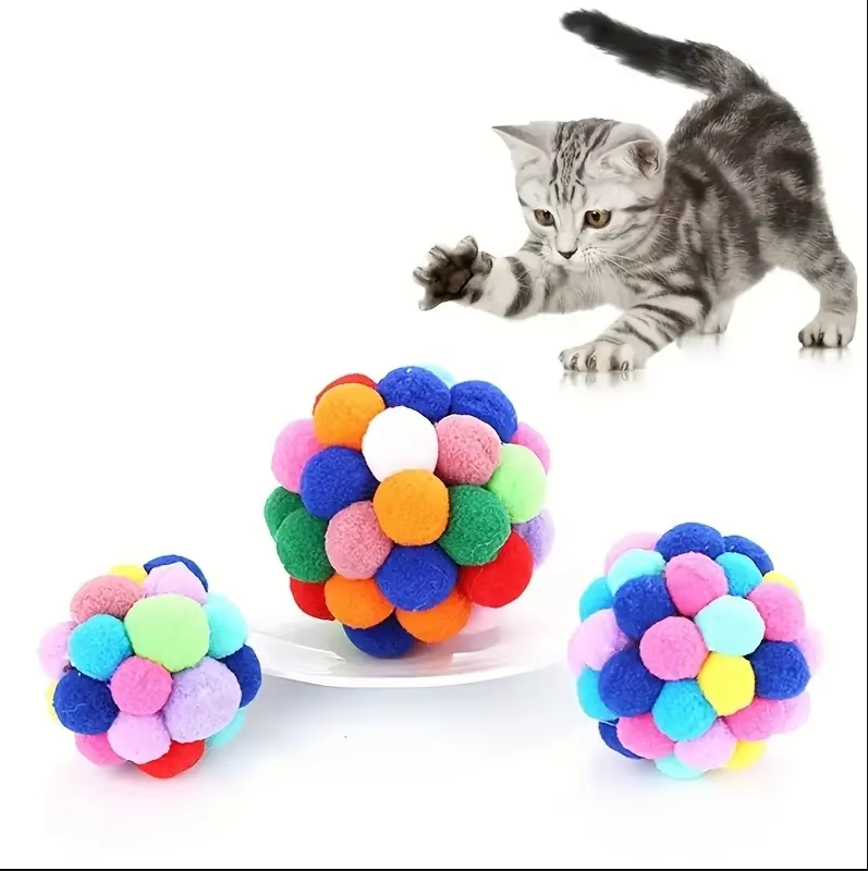 Colorful Pom-Pom Ball for Cats - Soft Interactive Toy for Playful Tigers