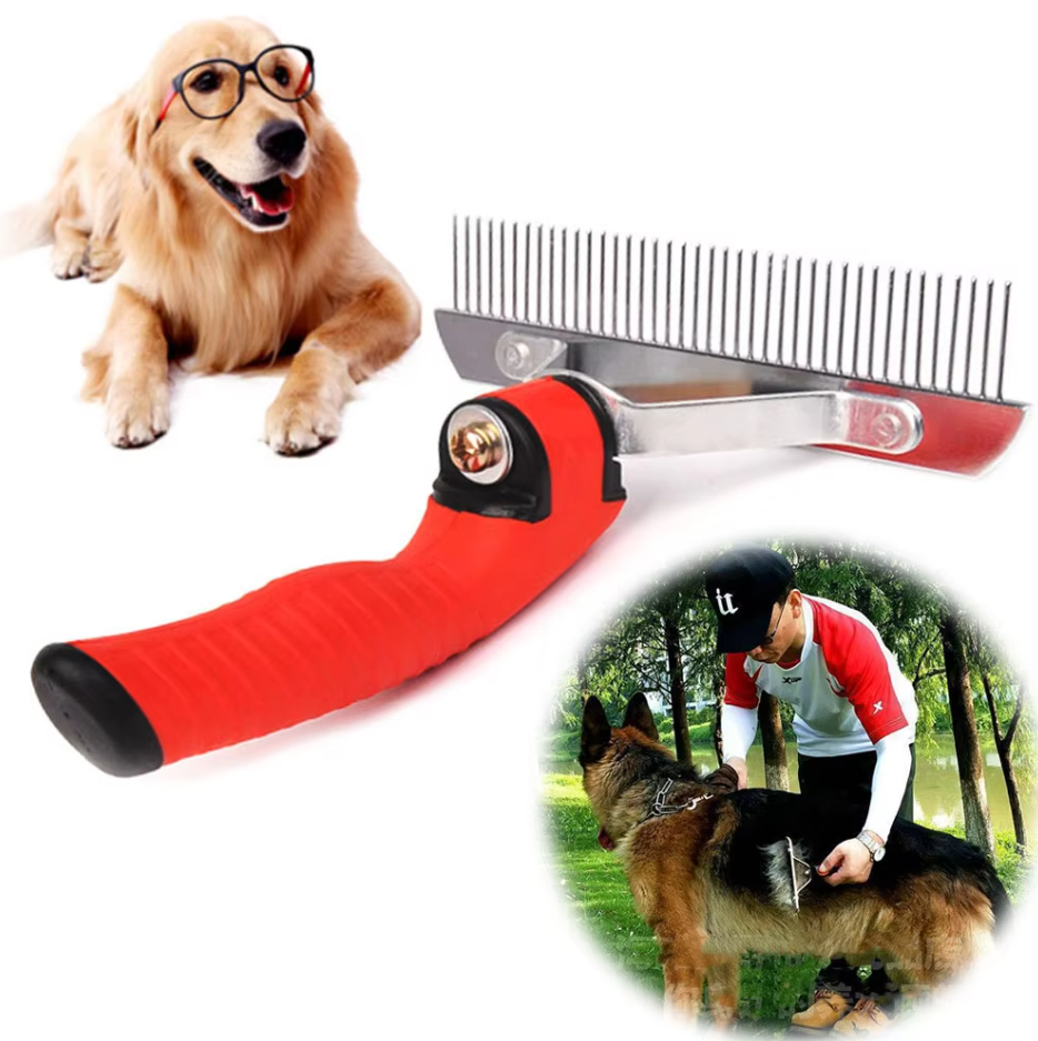 Dog Grooming Rake with Red Handle and Stainless Steel Blades – Aussie Pet