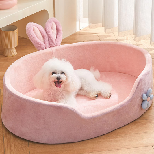 Rabbit Dog Bed - Soft and Plush Pet Bed with Flower-Decorated Ears