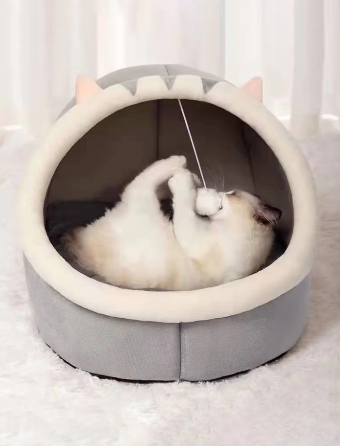 Cozy Cat Bed - Plush Igloo with Play Ball for Ears