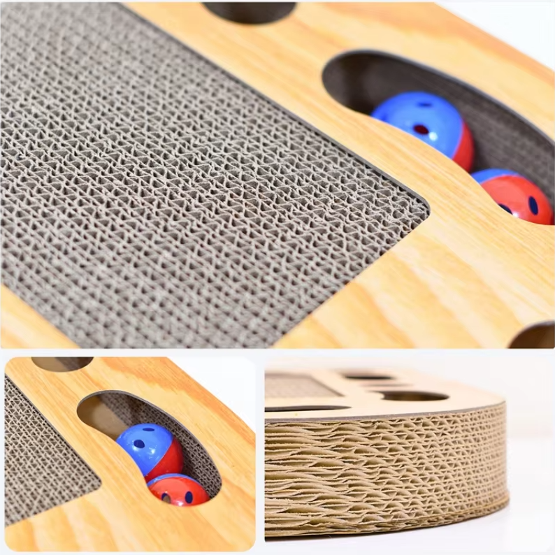 Cat Scratching Board with Toys – Corrugated Cardboard Scratching Mat with Wooden Frame