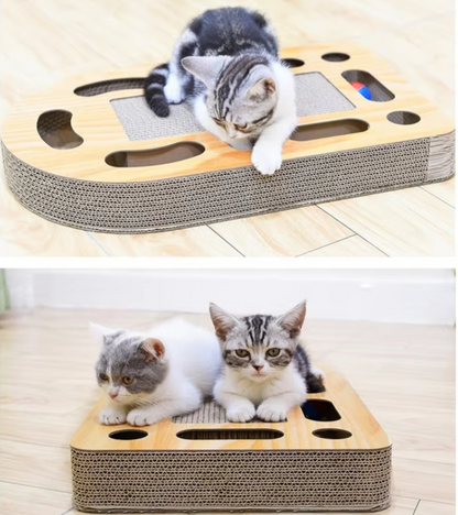 Cat Scratching Board with Toys – Corrugated Cardboard Scratching Mat with Wooden Frame