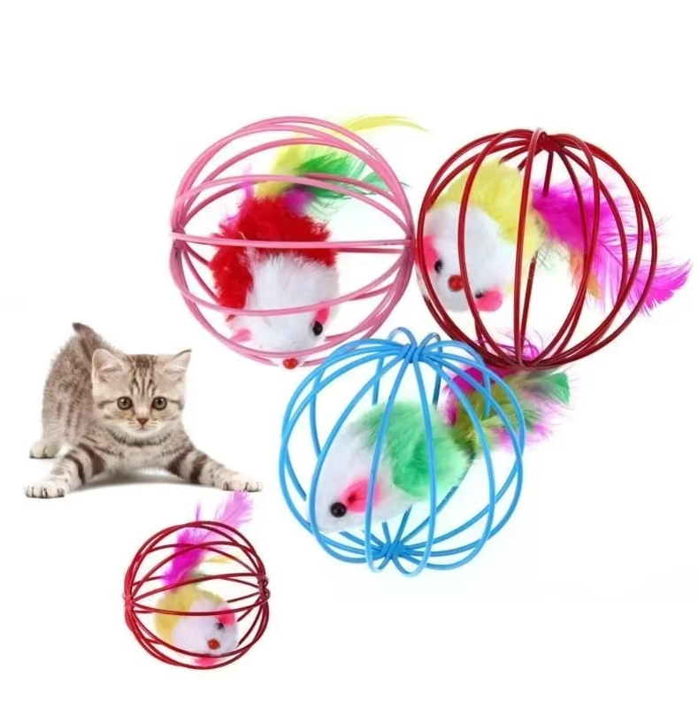 Caged Mouse Cat Toy with Feather Tail