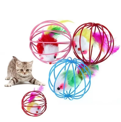 Caged Mouse Cat Toy with Feather Tail