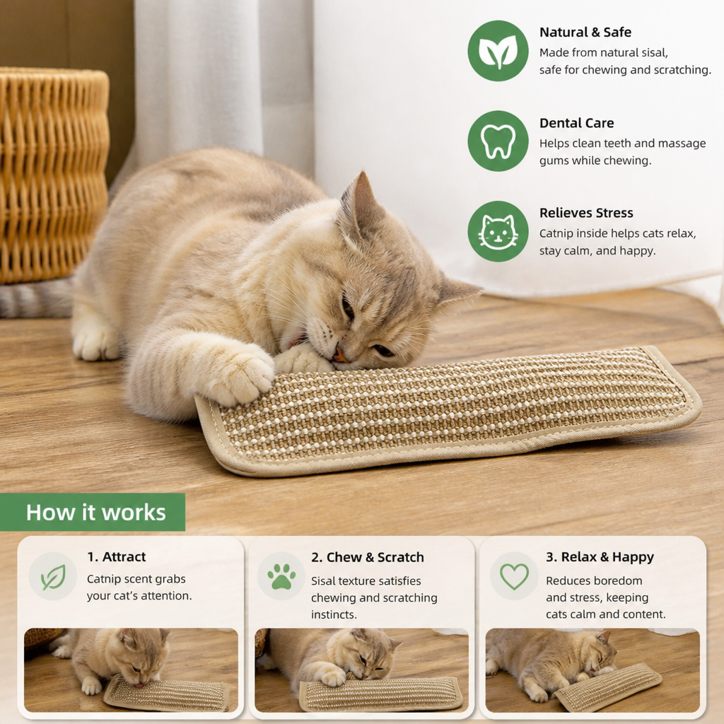 Natural Sisal Cat Kicker & Scratcher with Catnip – Dental Chew Toy