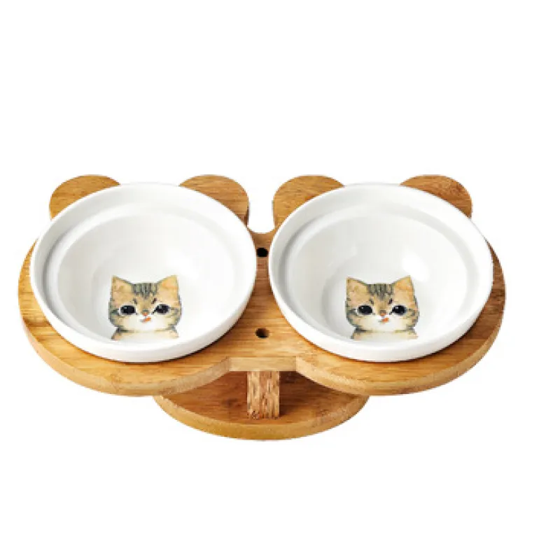 Elevated Cat Bowl - Double Ceramic Bowl with Bamboo Stand