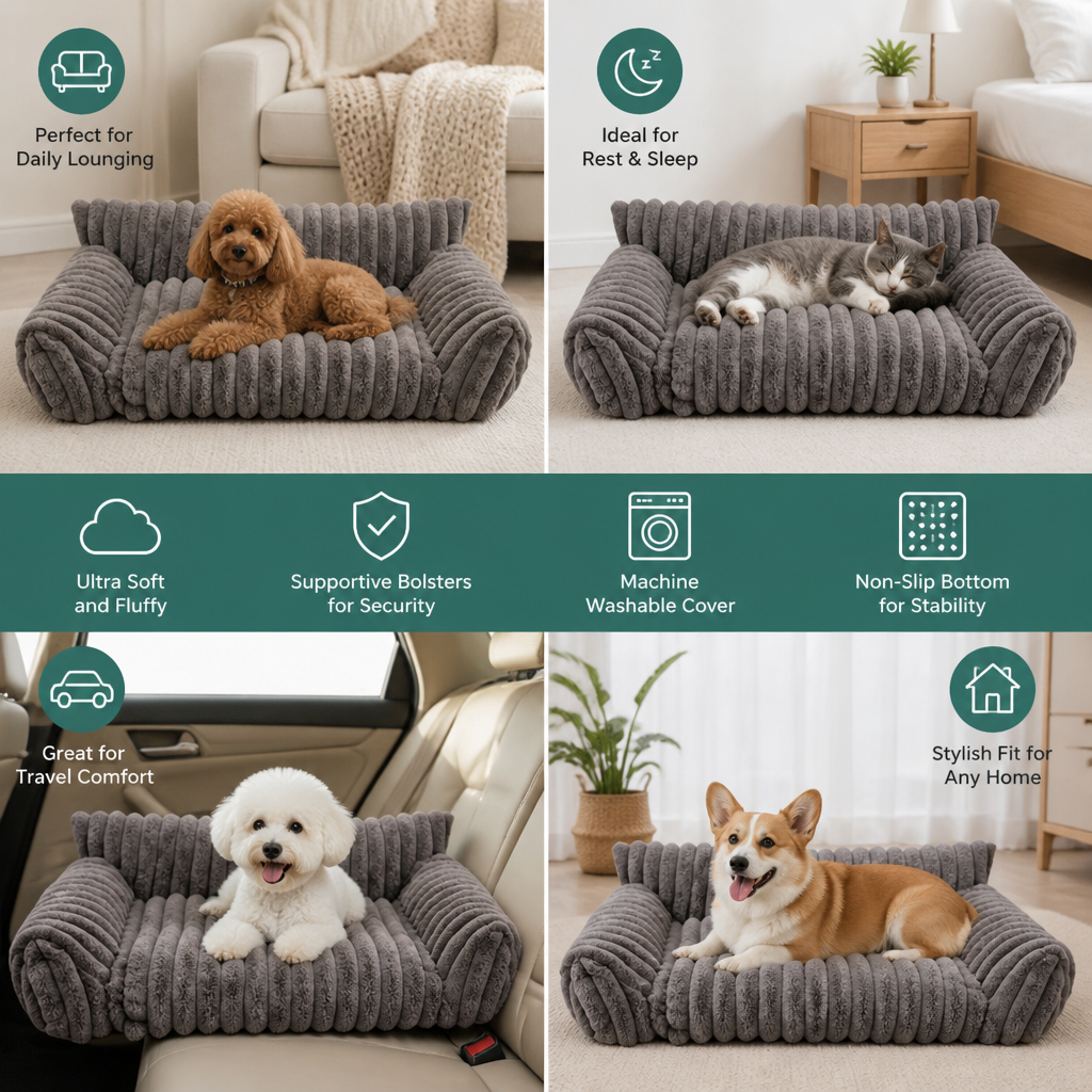 Fluffy Cloud Pet Sofa Bed with Soft Bolsters & Washable Cover
