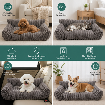 Fluffy Cloud Pet Sofa Bed with Soft Bolsters & Washable Cover