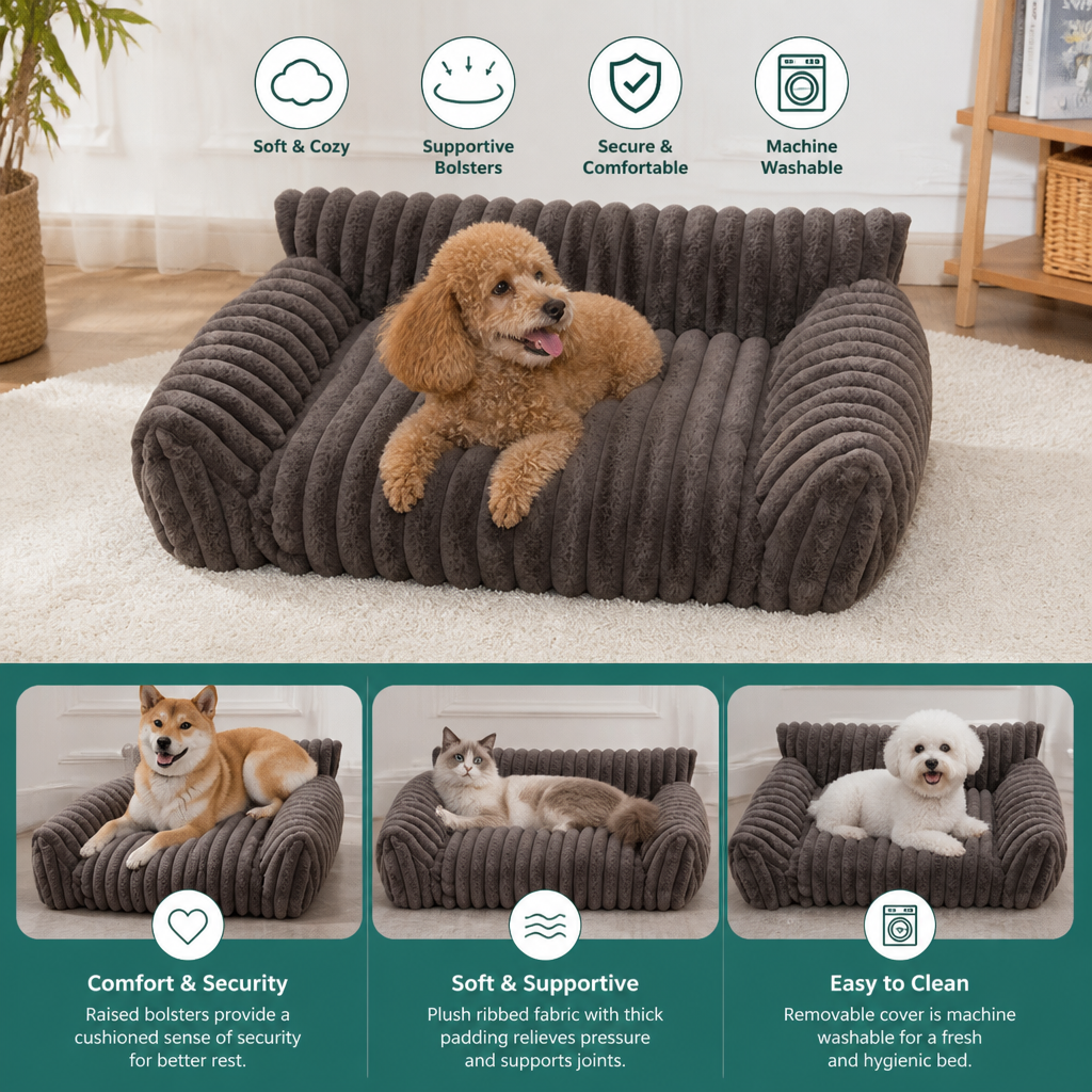Fluffy Cloud Pet Sofa Bed with Soft Bolsters & Washable Cover