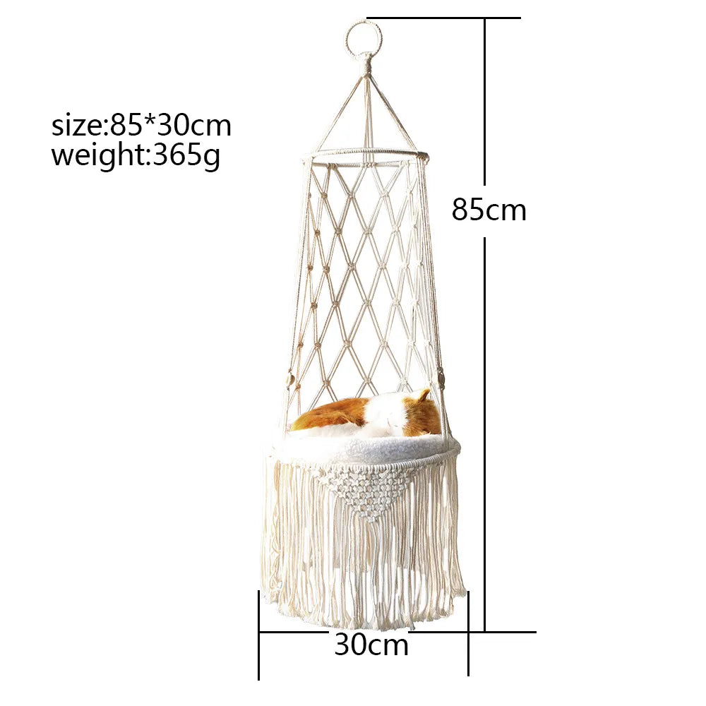 Macrame Hanging Chair for Cats - Boho Hammock with Cozy Cushion for Cats