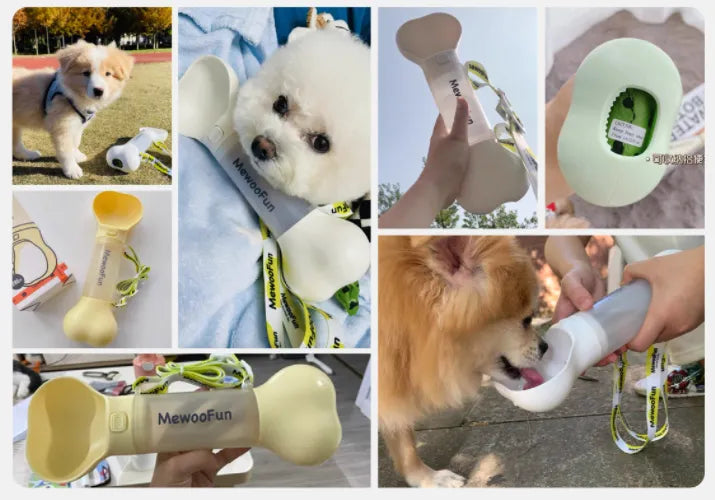 Dog Water Bottle in the Shape of a Bone - Portable Water Dispenser with Bowl