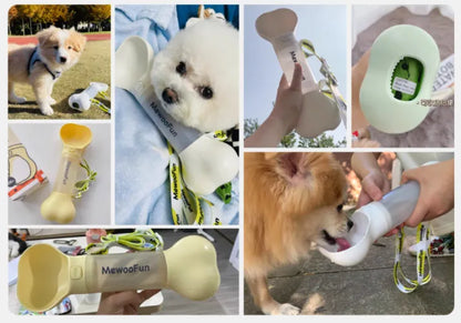 Dog Water Bottle in the Shape of a Bone - Portable Water Dispenser with Bowl