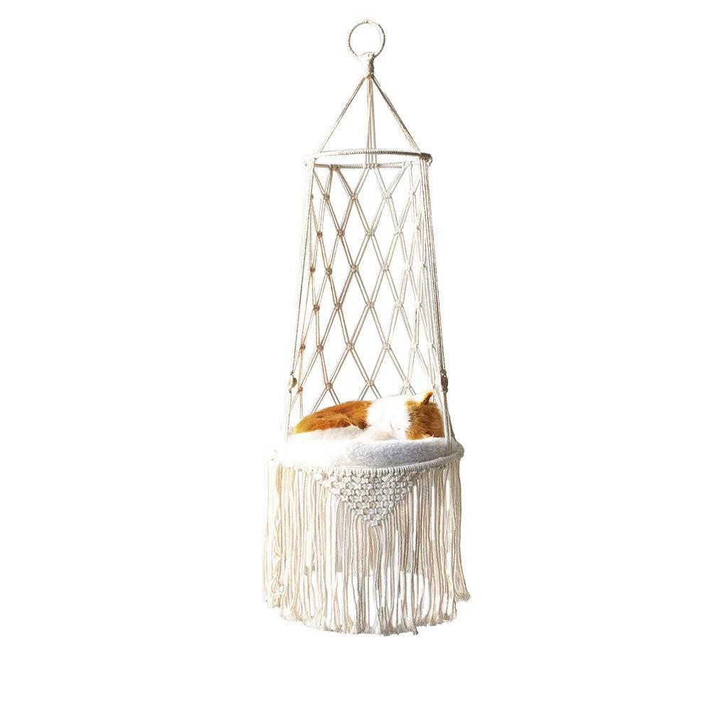 Macrame Hanging Chair for Cats - Boho Hammock with Cozy Cushion for Cats