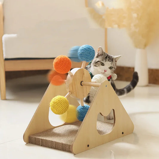 Giant Wheel for Cats - Interactive Wooden Toy with Sisal Balls and Scratcher