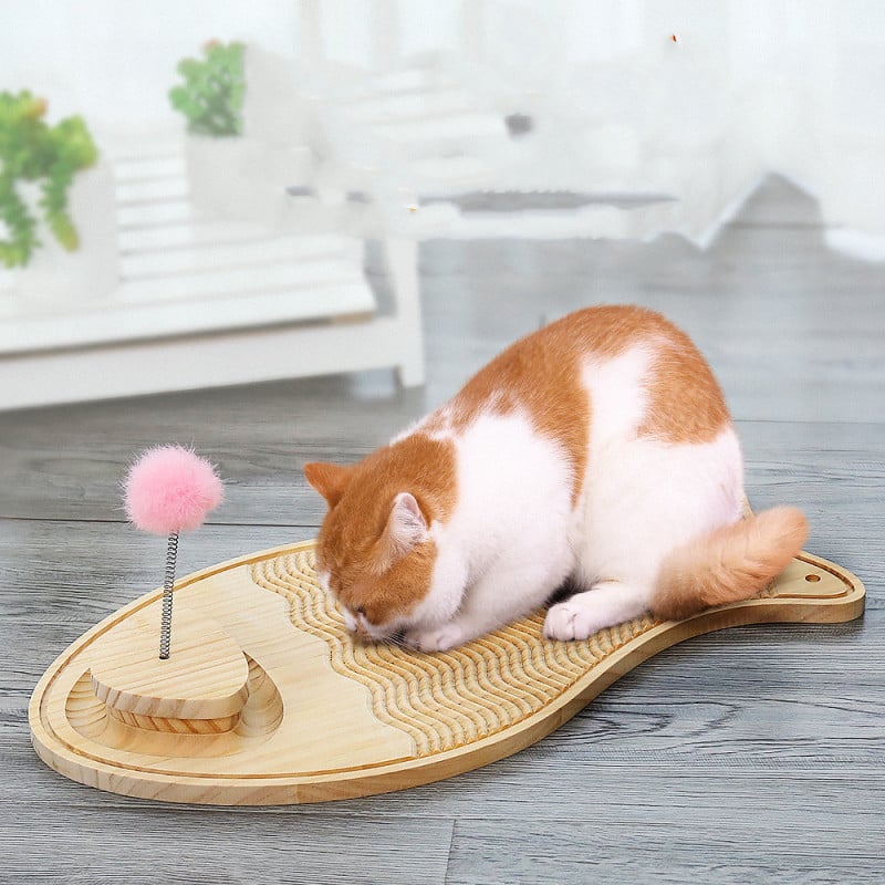 Wooden Cat Toy Scratching Post - Interactive Play Mat with Feather and Ball