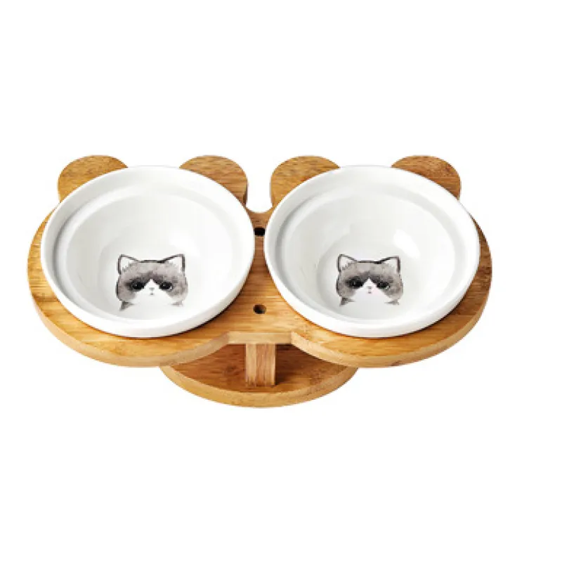Elevated Cat Bowl - Double Ceramic Bowl with Bamboo Stand