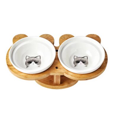 Elevated Cat Bowl - Double Ceramic Bowl with Bamboo Stand