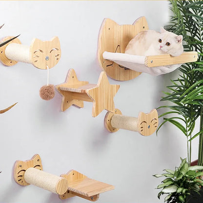 Wooden Wall Scratching Board for Cats in a Cat Head Design - Comfortable Resting Place and Toy
