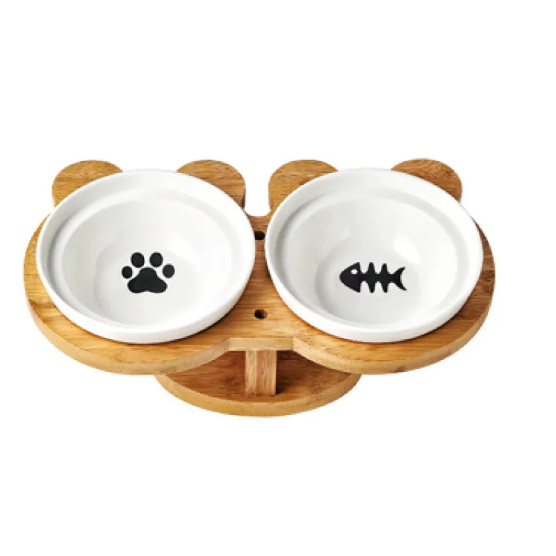 Elevated Cat Bowl - Double Ceramic Bowl with Bamboo Stand