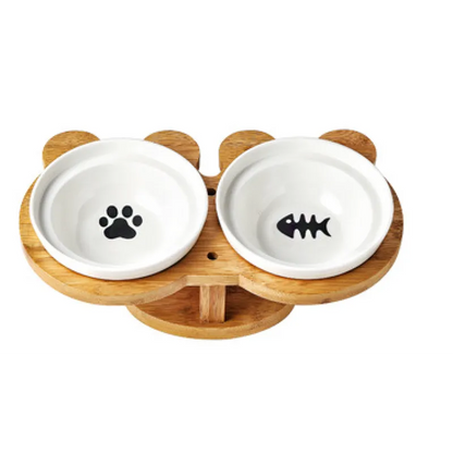 Elevated Cat Bowl - Double Ceramic Bowl with Bamboo Stand