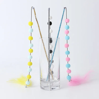 Interactive Cat Toy with Pom-Poms and Feathers – Fun Fishing Rod for Cats