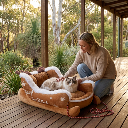Christmas Sleigh-Shaped Plush Pet Bed with Washable Waterproof Cover