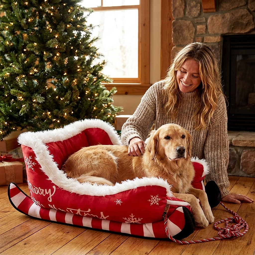 Christmas Sleigh-Shaped Plush Pet Bed with Washable Waterproof Cover