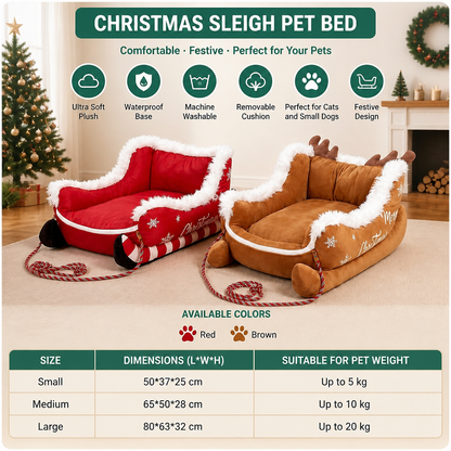 Christmas Sleigh-Shaped Plush Pet Bed with Washable Waterproof Cover