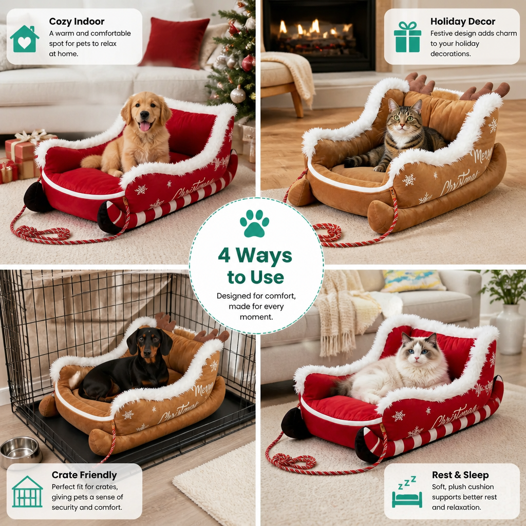 Christmas Sleigh-Shaped Plush Pet Bed with Washable Waterproof Cover