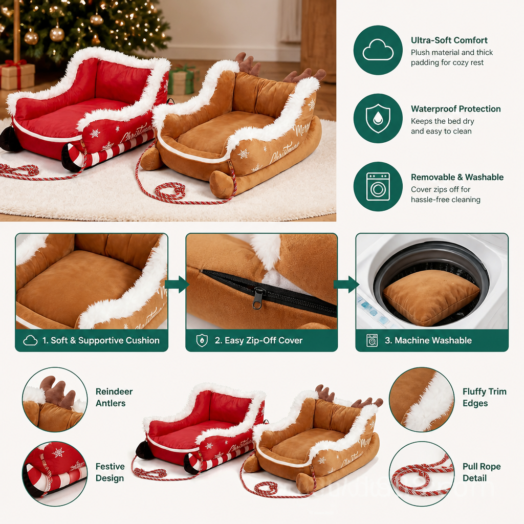 Christmas Sleigh-Shaped Plush Pet Bed with Washable Waterproof Cover