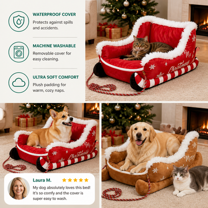 Christmas Sleigh-Shaped Plush Pet Bed with Washable Waterproof Cover