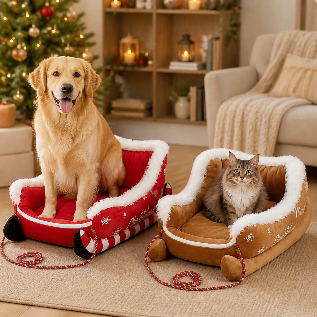 Christmas Sleigh-Shaped Plush Pet Bed with Washable Waterproof Cover