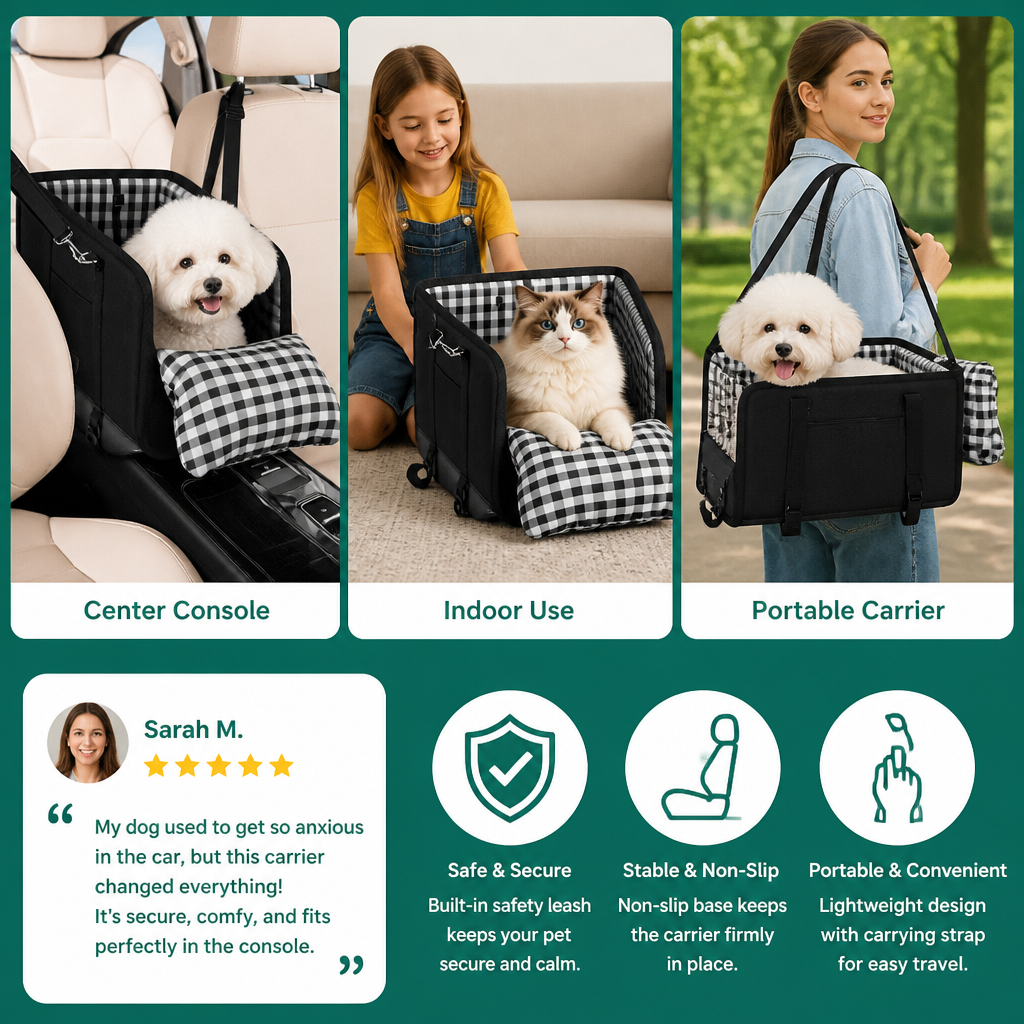 Safe Small Dog & Cat Car Travel Carrier with Safety Leash & Non-Slip Base