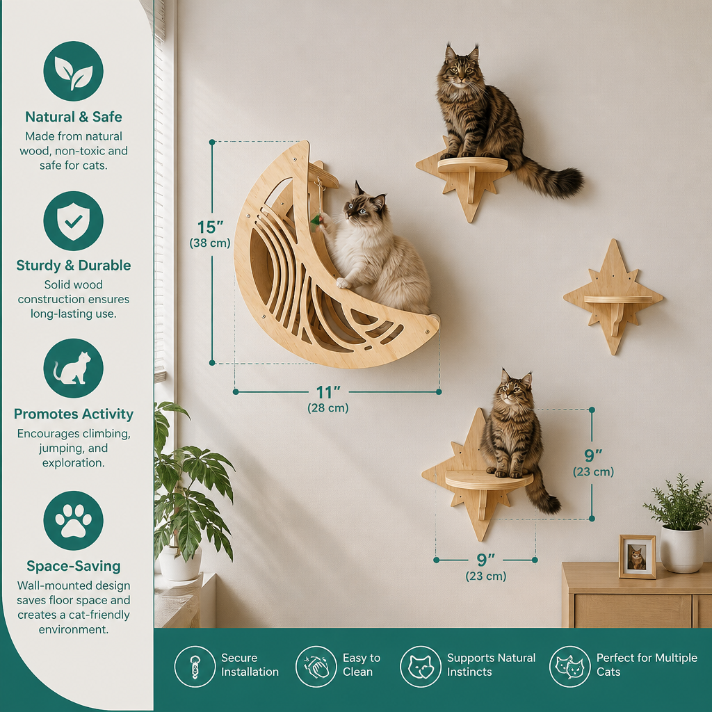 Modern Wooden Moon & Star Wall-Mounted Cat Climbing Shelves & Bed Set